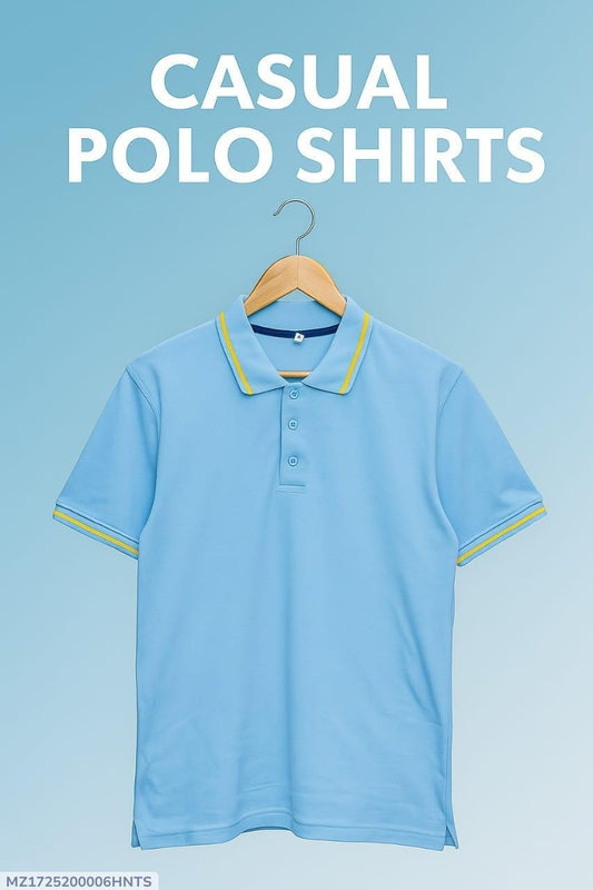 Men's Cotton Polo Shirt Blue Yellow Trim